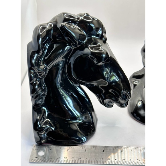 Mid Century Modern Glossy Ceramic Black Horse Head Bookends - Picture 12 of 13